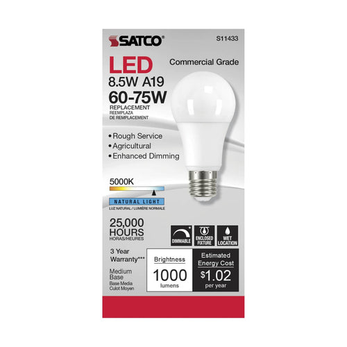 Satco S11433 8.5 Watt A19 LED Dimmable Agriculture Bulb