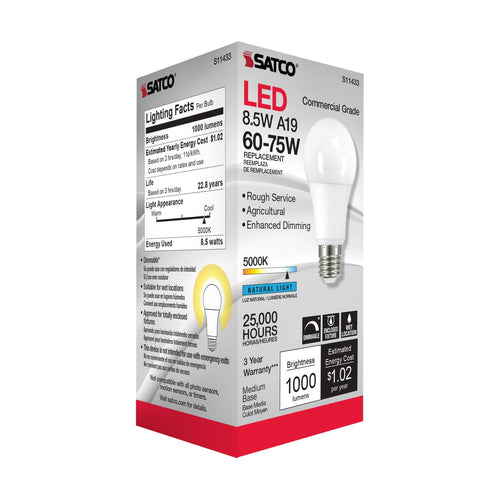 Satco S11433 8.5 Watt A19 LED Dimmable Agriculture Bulb