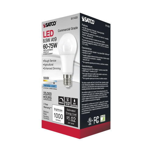 Satco S11433 8.5 Watt A19 LED Dimmable Agriculture Bulb