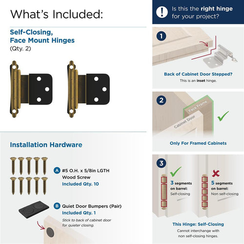 Amerock Decorative Hinges 3/8 inch (10mm) Inset Self Closing Face Mount Cabinet Hinge