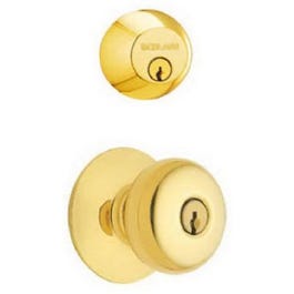 Bright Brass Double Cylinder Deadbolt & Plymouth Knob Combo Pack