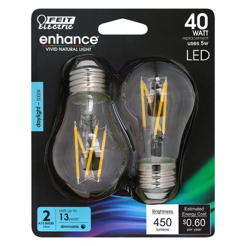Feit Electric 5W (40Watt Replacement) Daylight (5000K) A15 Dimmable Glass Filament Enhance (2-Pack)