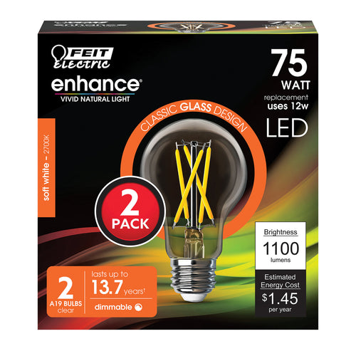 Feit Electric 12W (75W Replacement) Soft White (2700K) A19 (E26 Base) Dimmable Clear Glass Enhance LED Filament Light Bulb (2-Pack)